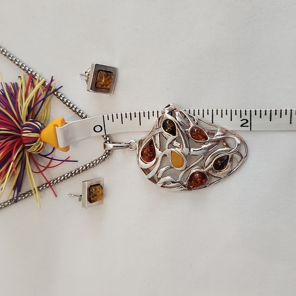 Sterling Amber Pendant & Earrings 18" - Picture 2 of 9